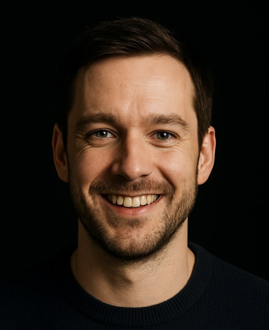 A smiling young woman wearing a headset and holding a tablet in a modern office setting, with a man working on a computer in the background.